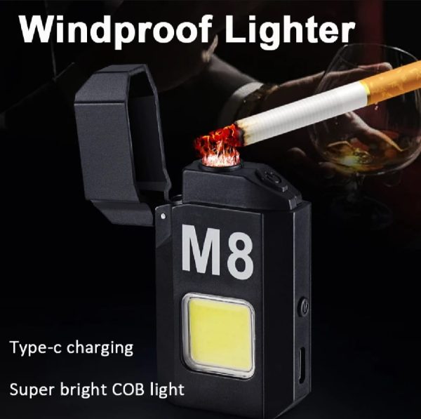 Dh-001 Cob Led Flashlight With Lighters Dual Arc Pulse Flameless Lighter Type C Rechargeable Lighter Work Light Mini Light Men’s Gift | Dual Arc Pulse Flameless Lighter