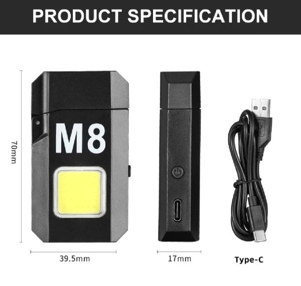 Dh-001 Cob Led Flashlight With Lighters Dual Arc Pulse Flameless Lighter Type C Rechargeable Lighter Work Light Mini Light Men’s Gift | Dual Arc Pulse Flameless Lighter