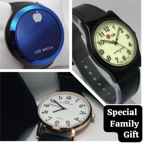 Family Gift Pack Of 3 Watches | Best Quality Watches | Daniel Wellington Watch + Lg Quartz Watch + Apple Logo Digital Watch | Watches ( Without Box )