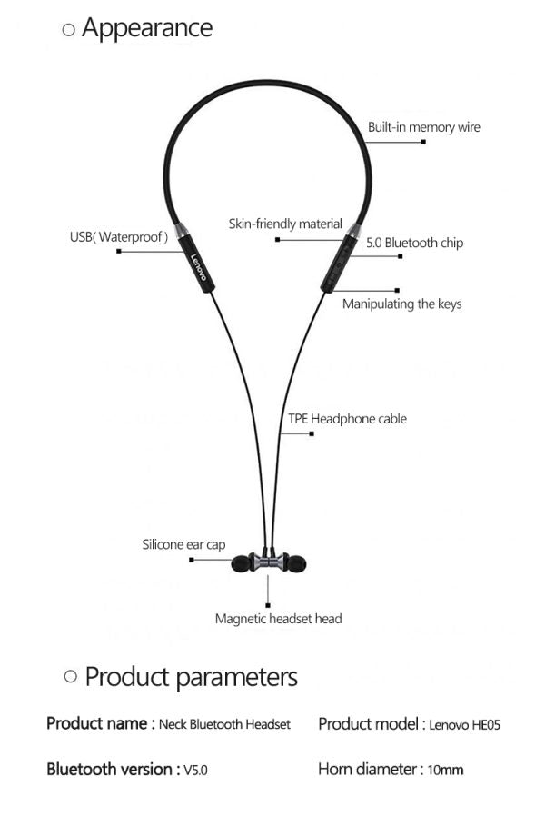 Lenovo He05 Wireless Bluetooth 5.0 Neckband Earbuds Sports Waterproof Headset Hi-fi Sound Bass In-ear Earphone Magnetic