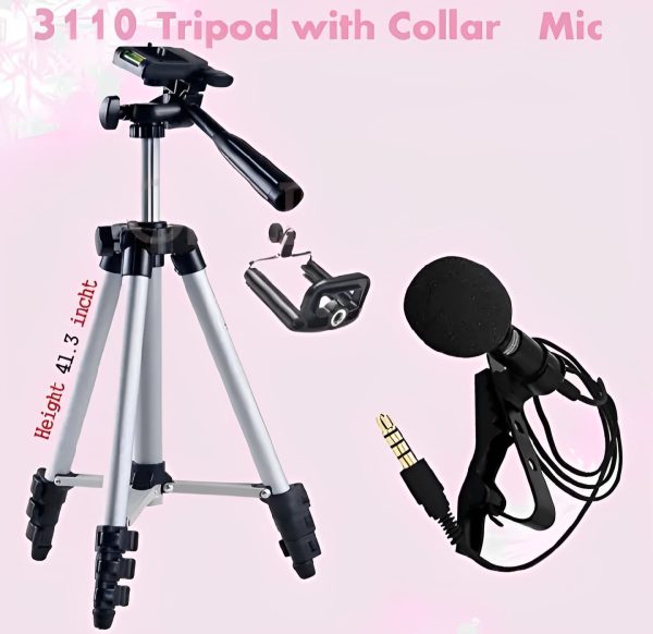 Pack Of 4 – 3110 Tripod Stand For Camera And Mobile With Clip-on Lapel Lavalier Microphone (3.5mm) For Dslr, Youtube, And Other Equipment | Tripod + Mobile Holder + Tripod Bag + Microphone